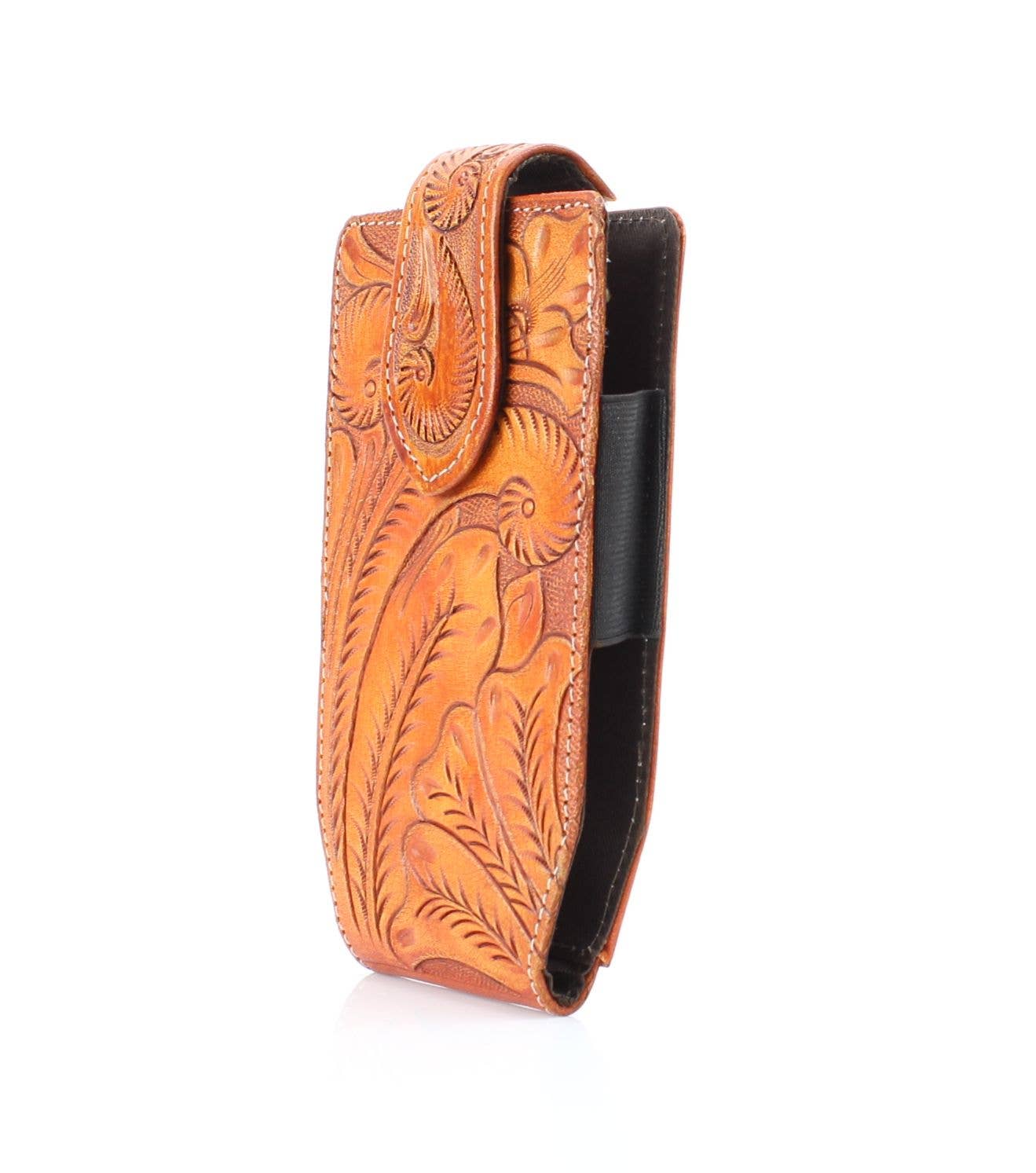 American Bison Floral Tooled Leather Phone Case for Belt