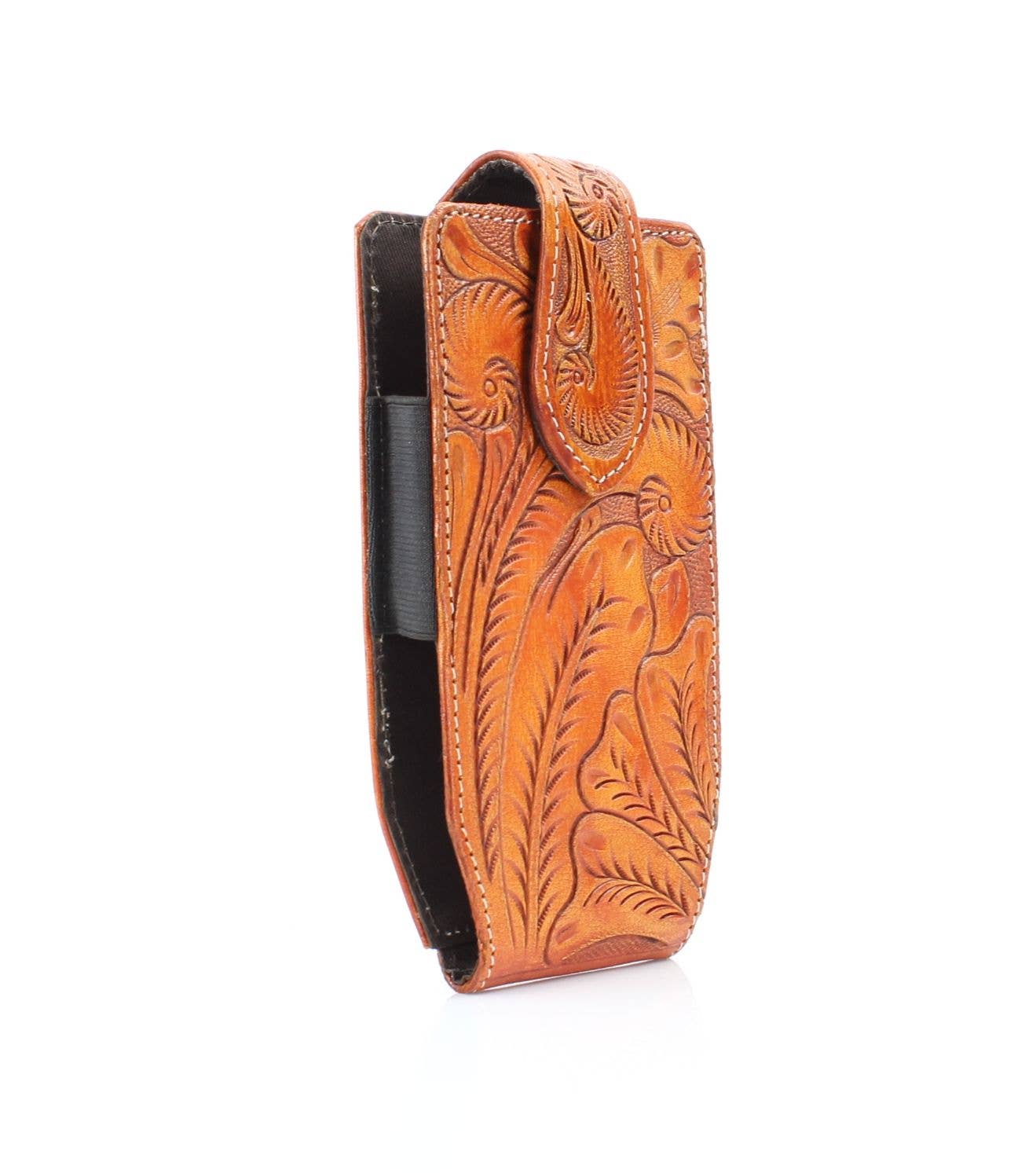 American Bison Floral Tooled Leather Phone Case for Belt