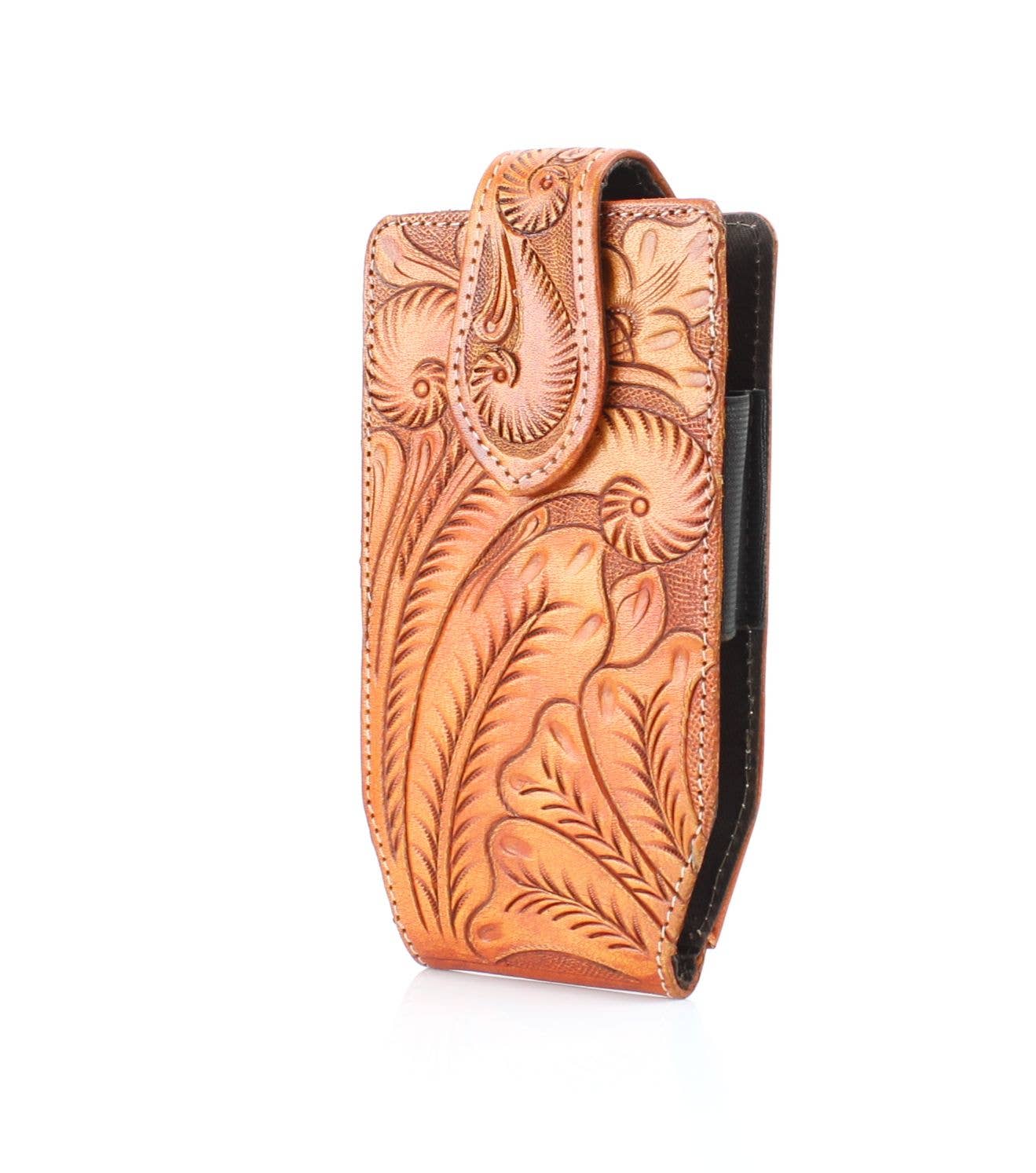 American Bison Floral Tooled Leather Phone Case for Belt