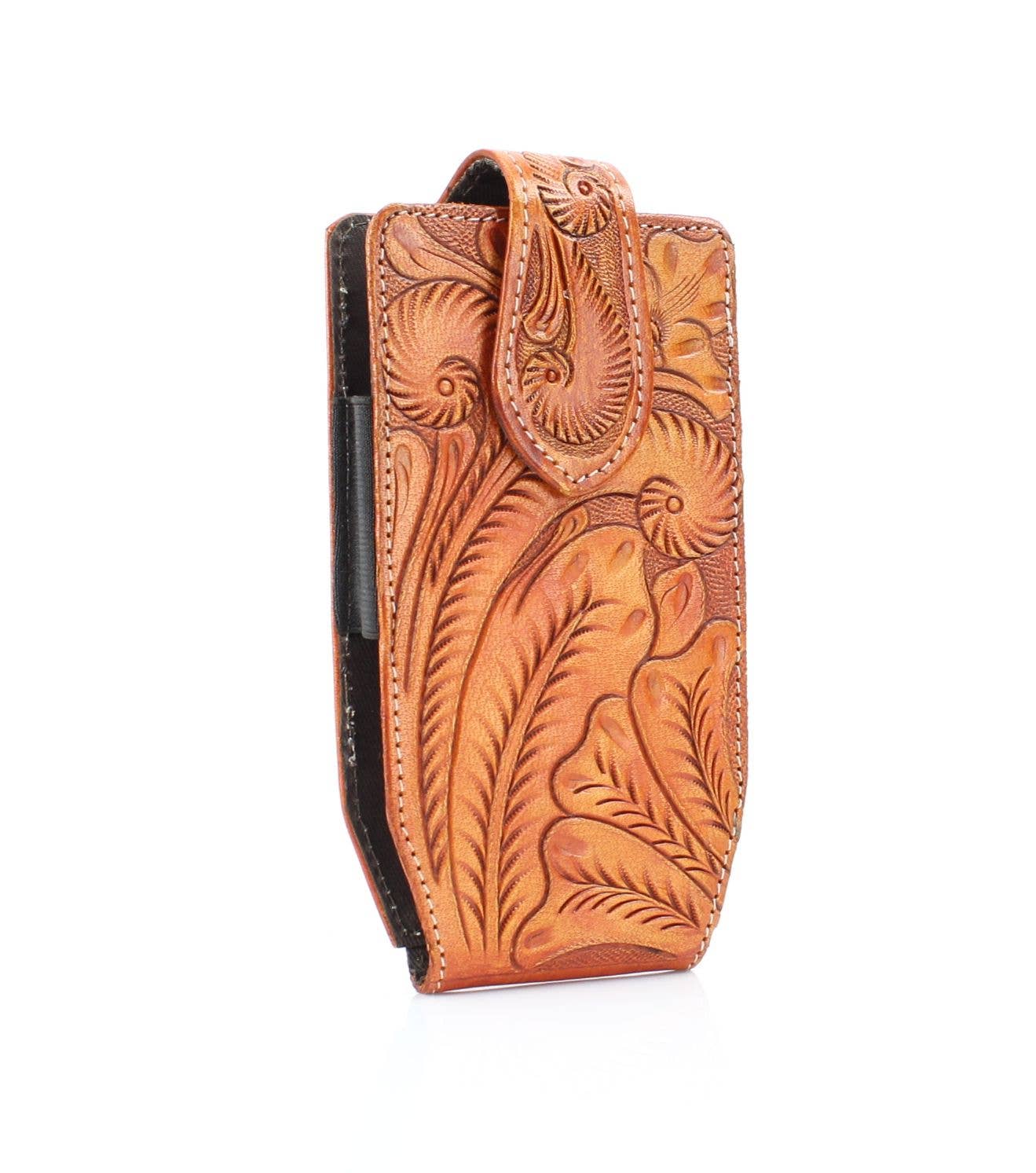 American Bison Floral Tooled Leather Phone Case for Belt