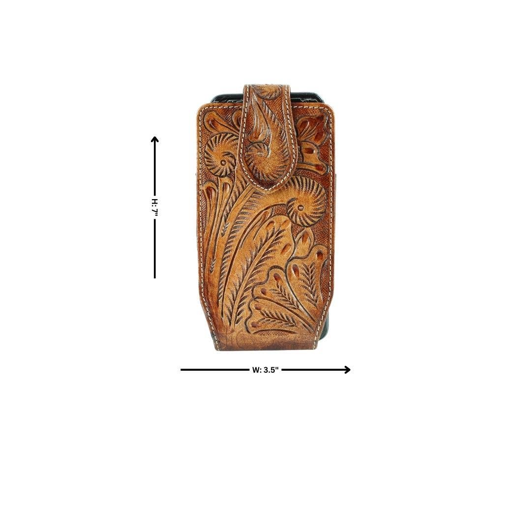 American Bison Floral Tooled Leather Phone Case for Belt