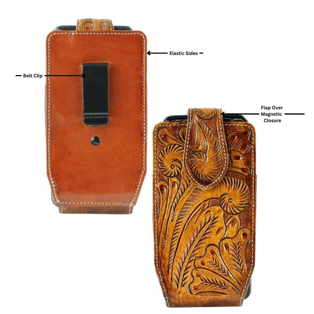 American Bison Floral Tooled Leather Phone Case for Belt
