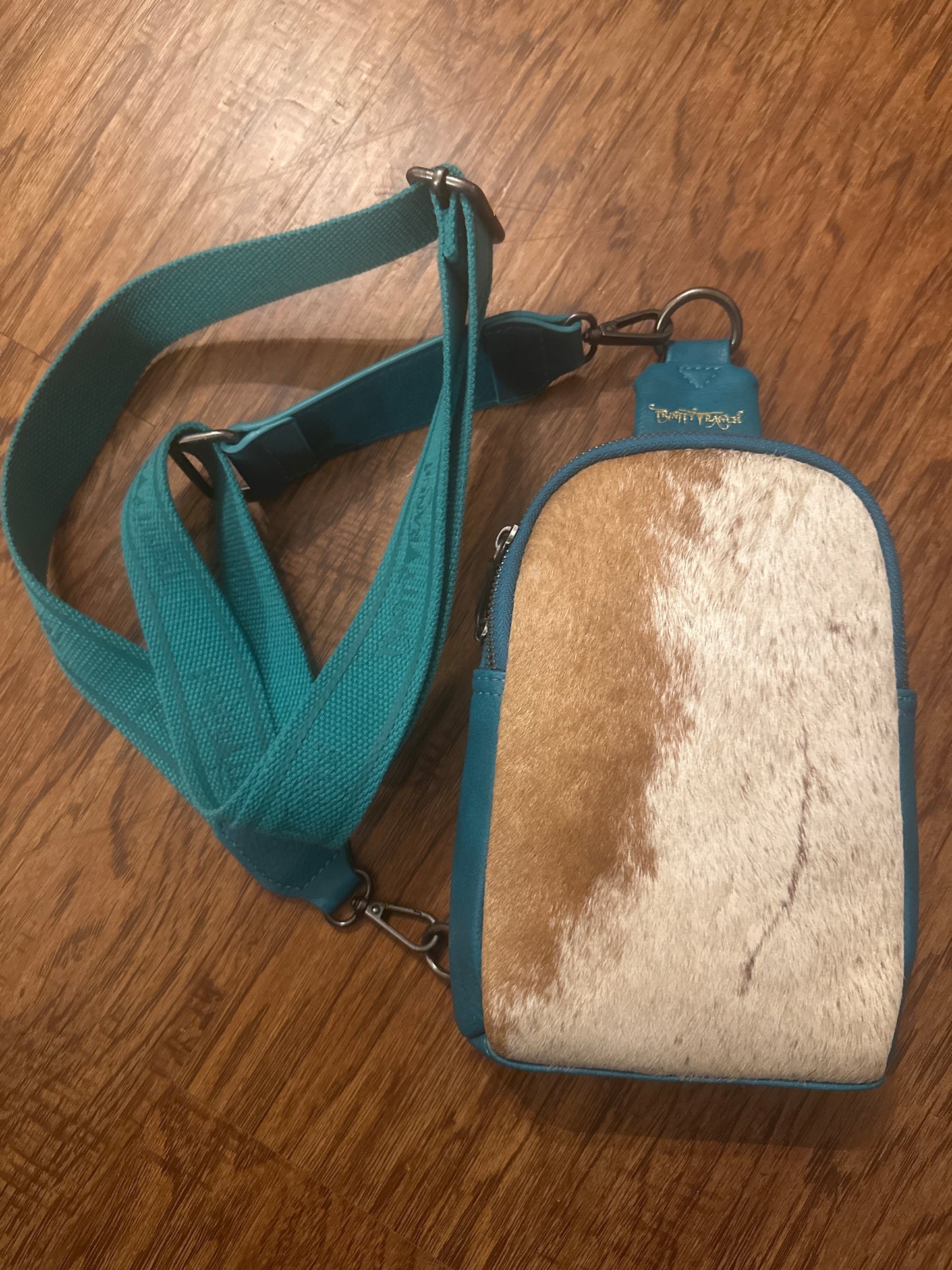 Turquoise Crossbody with Cowhide