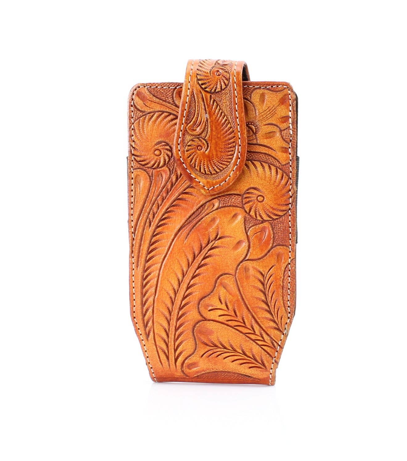American Bison Floral Tooled Leather Phone Case for Belt