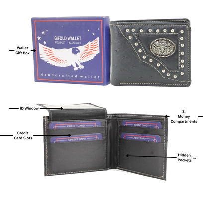 American Bison Vegan Leather Concho Bifold w Steer Medallion