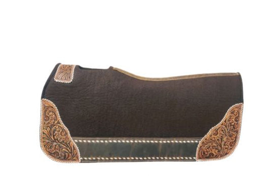 32" x 31" x 1" Brown Felt Saddle Pad with Medium Floral Stamp Leather Accents