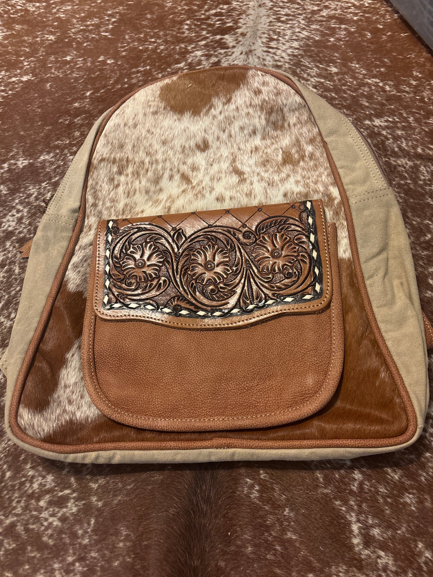 Cowhide and Tooled Leather Backpack