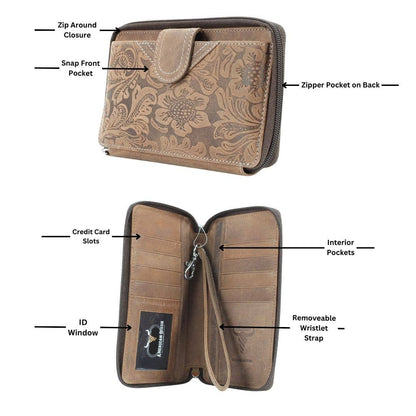 American Bison Floral Tooled Ladies Wristlet