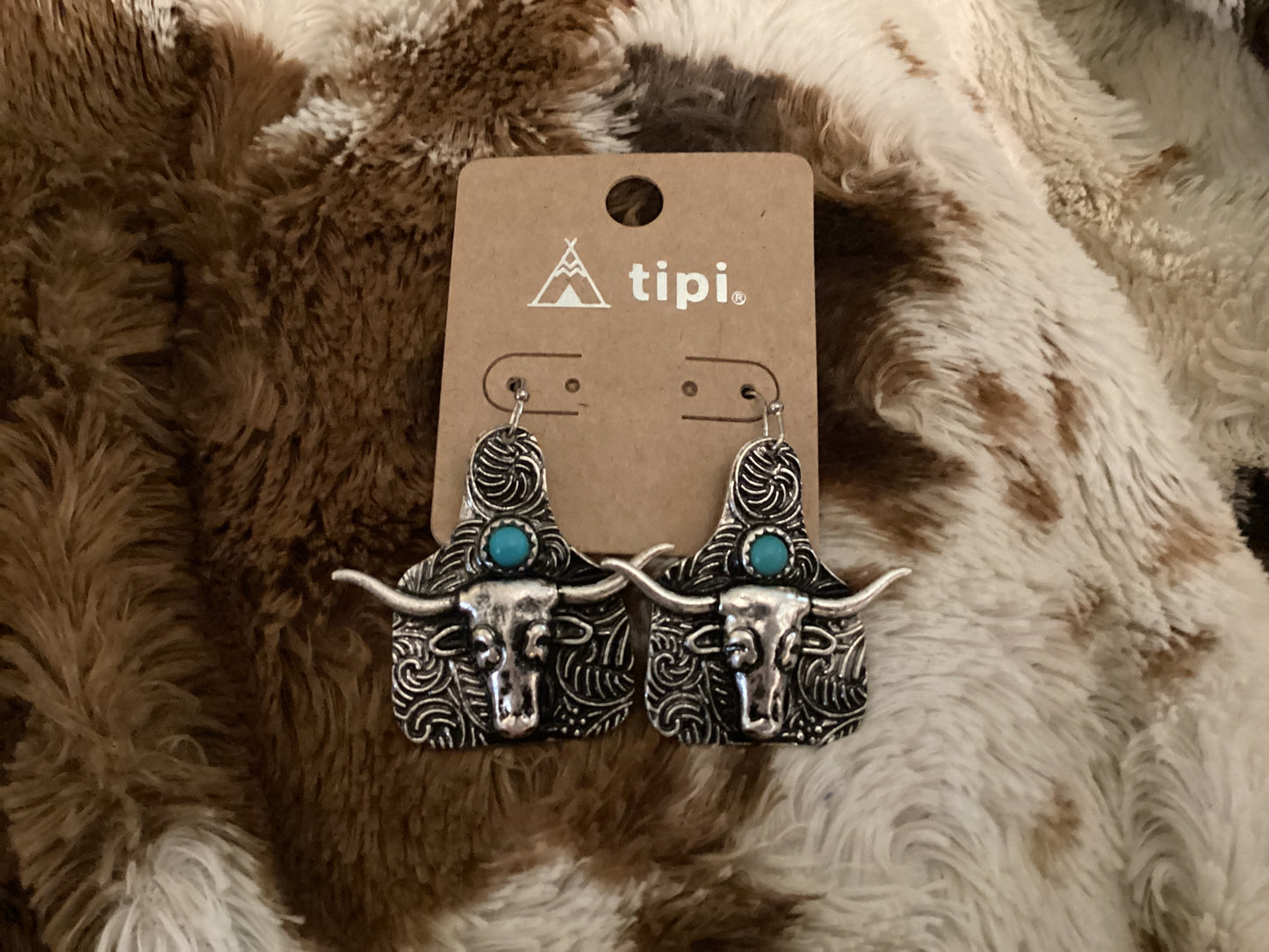 Turquoise and Silver Steer Earrings