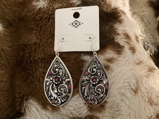 Silver Teardrop Earrings with Pink Stones