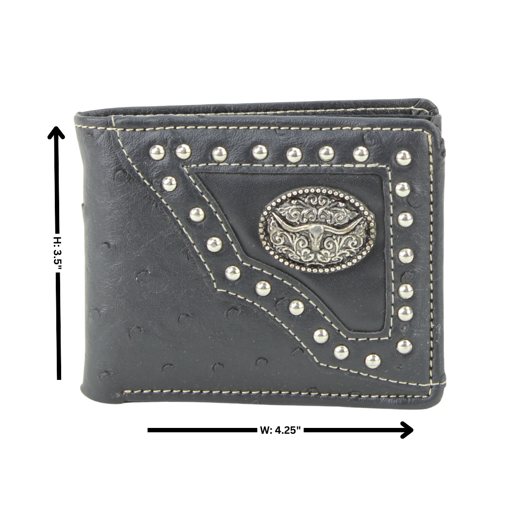 American Bison Vegan Leather Concho Bifold w Steer Medallion